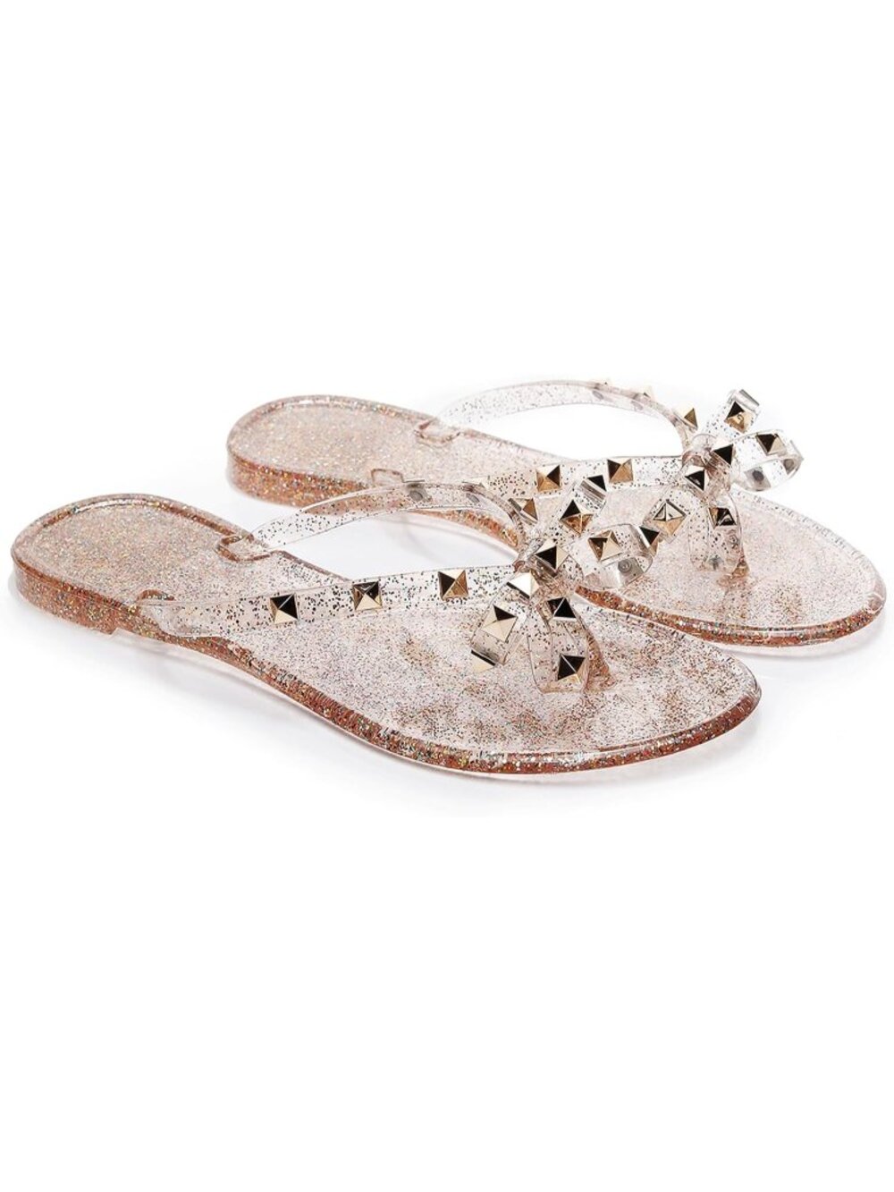 Women's Gold Thong Open Toe Jelly Bow Stud Slip On Studded Flat Sandal Shoes